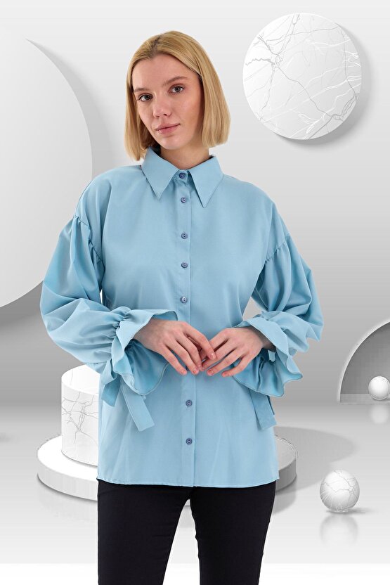 Oversize Büzgü Detaylı Saten Bluz