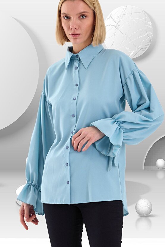 Oversize Büzgü Detaylı Saten Bluz