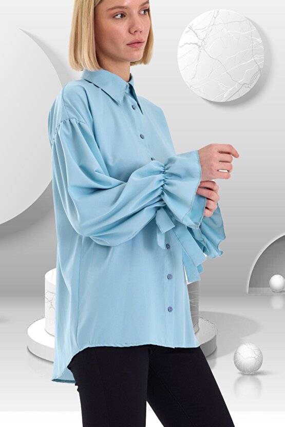 Oversize Büzgü Detaylı Saten Bluz