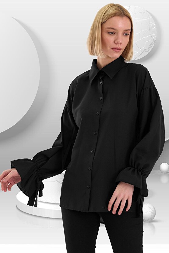 Oversize Büzgü Detaylı Saten Bluz