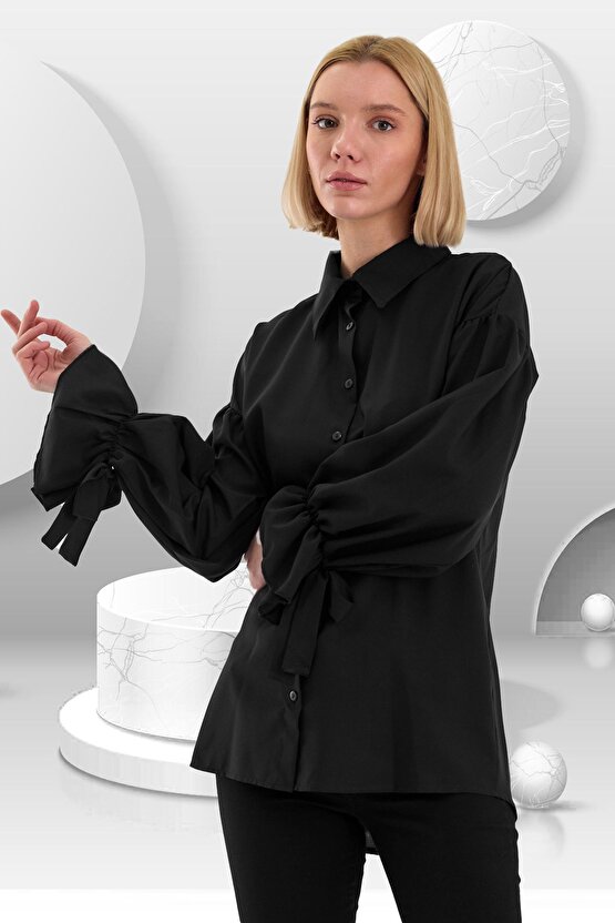 Oversize Büzgü Detaylı Saten Bluz