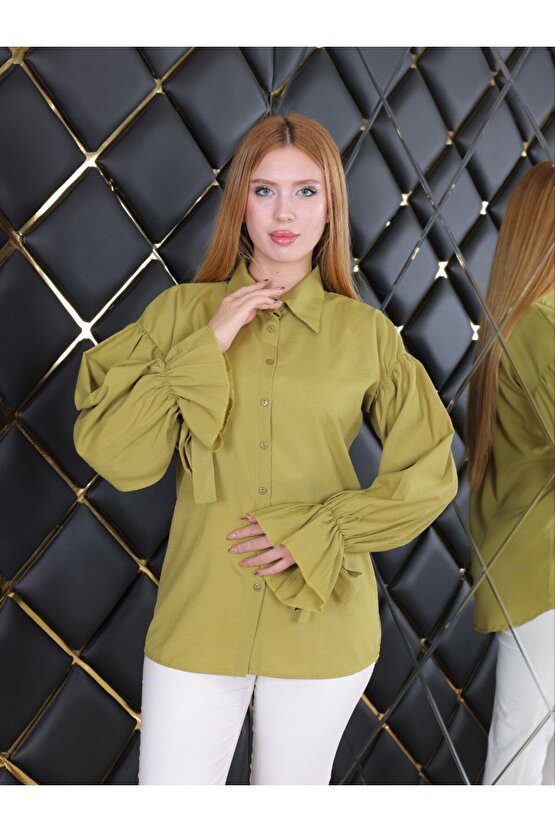 Oversize Büzgü Detaylı Saten Bluz