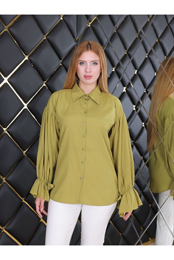 Oversize Büzgü Detaylı Saten Bluz