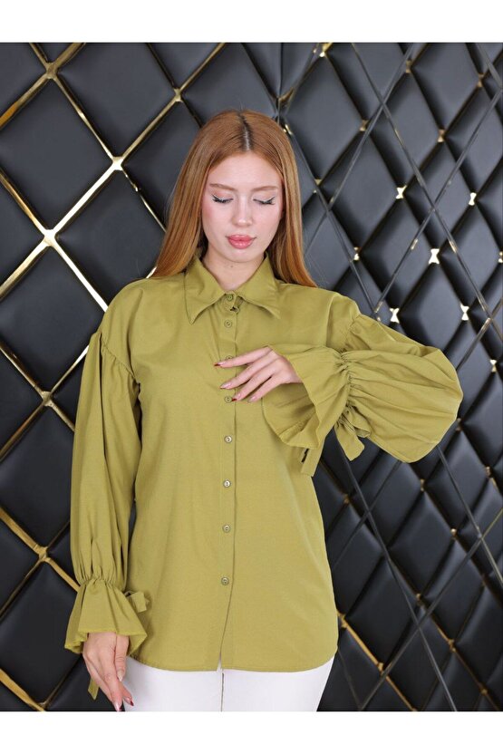Oversize Büzgü Detaylı Saten Bluz