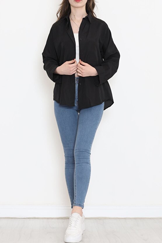 Yeni Sezon Kadın Oversize Tek Cepli Siyah Salaş Gömlek