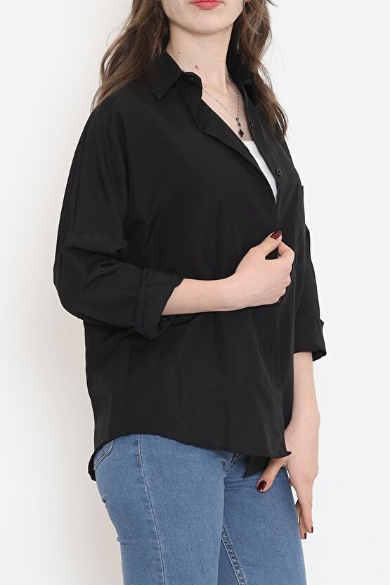 Yeni Sezon Kadın Oversize Tek Cepli Siyah Salaş Gömlek
