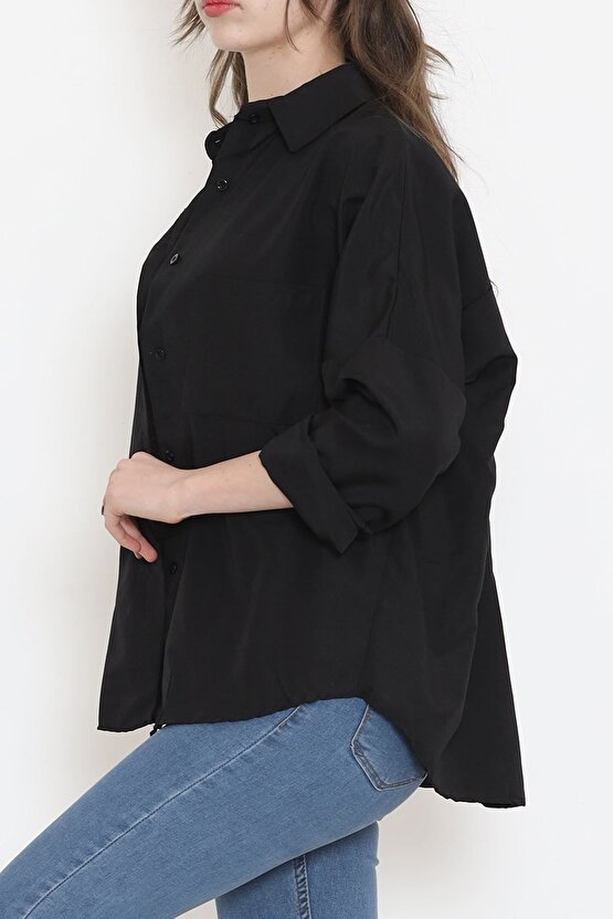 Yeni Sezon Kadın Oversize Tek Cepli Siyah Salaş Gömlek