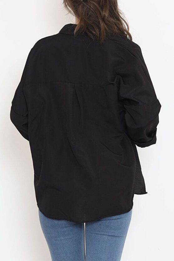 Yeni Sezon Kadın Oversize Tek Cepli Siyah Salaş Gömlek