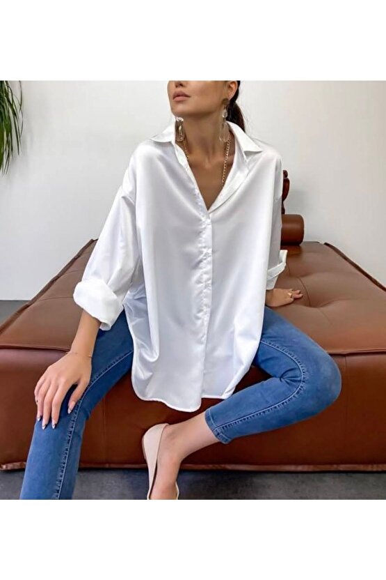 Kadın Beyaz Oversize Model Saten Gömlek