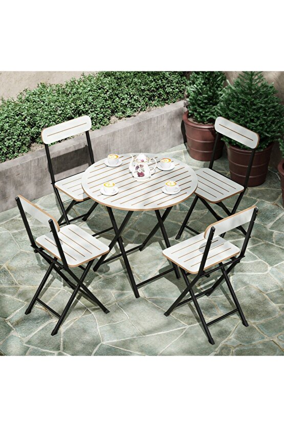 4 Kişilik Yuvarlak Bistro Takım Bahçe Mutfak Masa Sandalye Beyaz 1501