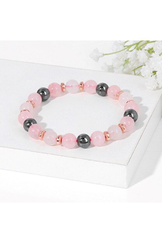 Doğaltaş Pembe Kuvars - Hematit Bileklik 8mm