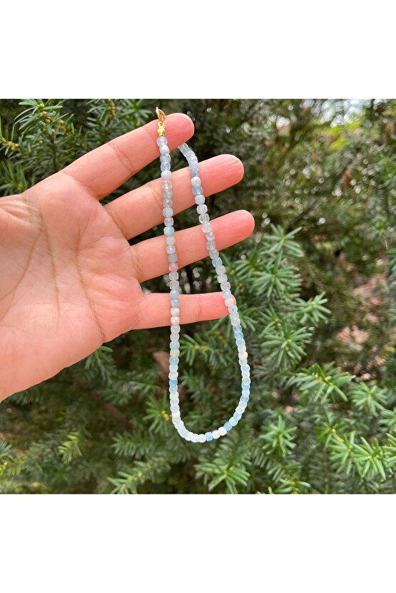 Aquamarin Küp Kesim Doğal Taş Kolye 43 CM