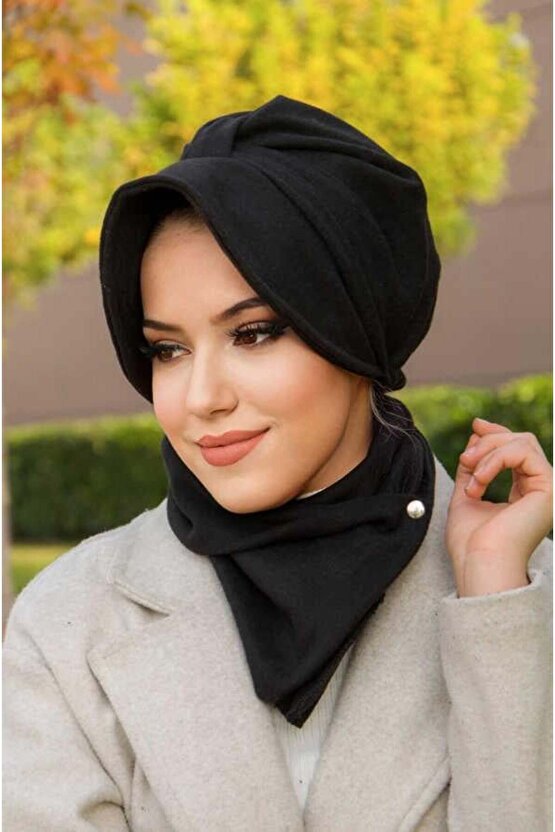 Siyah Kaşe Şapkalı Bone Ve Etol Takım