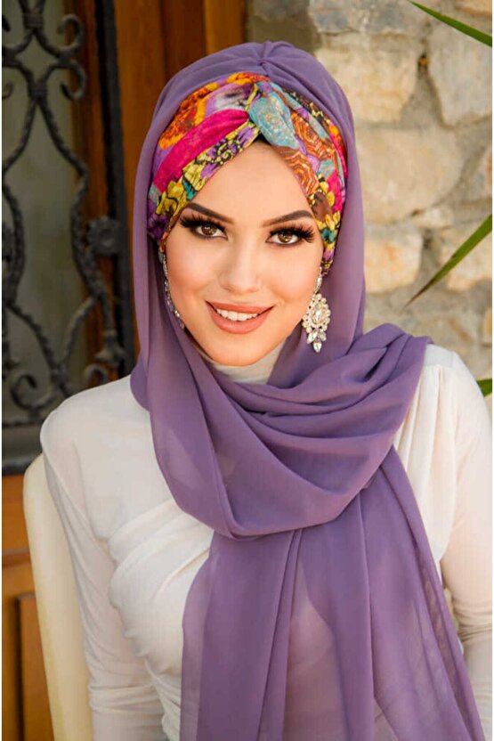 Lila Retro Desen Burgu Hazır Şal