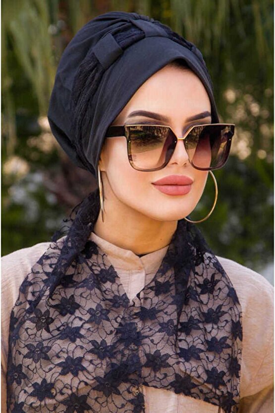Siyah Dantel Fularlı Bone - 40600