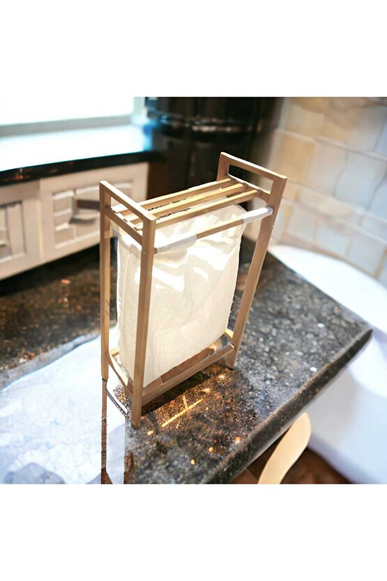 Banyo Düzenleyici Çamaşır Sepeti Ahşap Raflı Kirli Sepeti Keten Kumaşlı Organizer