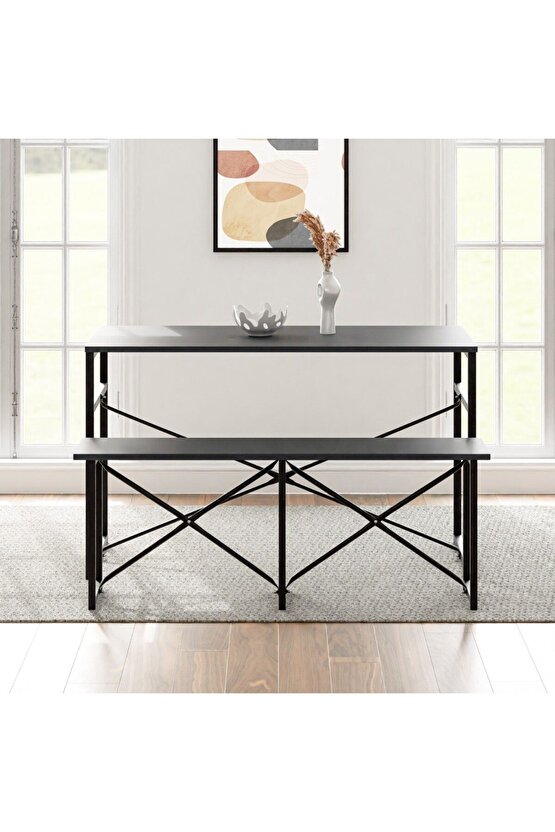 Masa Takımı Bench Bank Masa Seti 120x60 Mutfak ve Yemek Masası Füme 1561