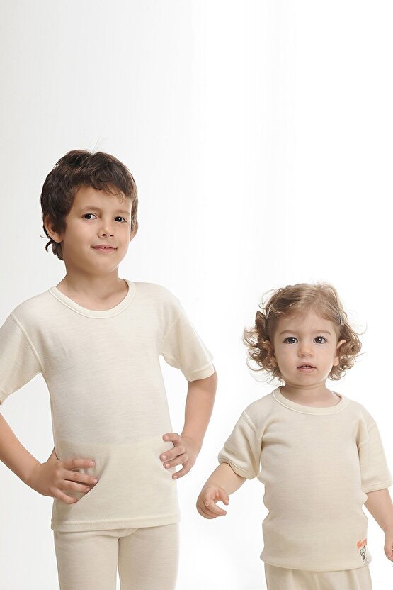 500 Çocuk Unisex Yün Kısa Kol Fanila Krem