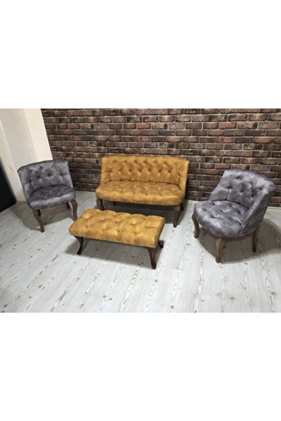 Elizzan Sarı Grı Çay Seti Koltuk Berjer 2+1