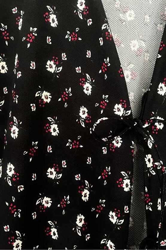 Siyah Çiçekli Önü Bağlamalı Kimono Tunik  Likralı Yazlık Kumaş 85cm Boy