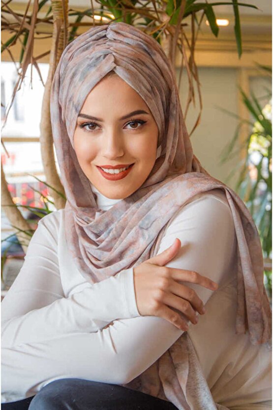 Ebruli Kelebek Model Büzgülü Hazır Şal