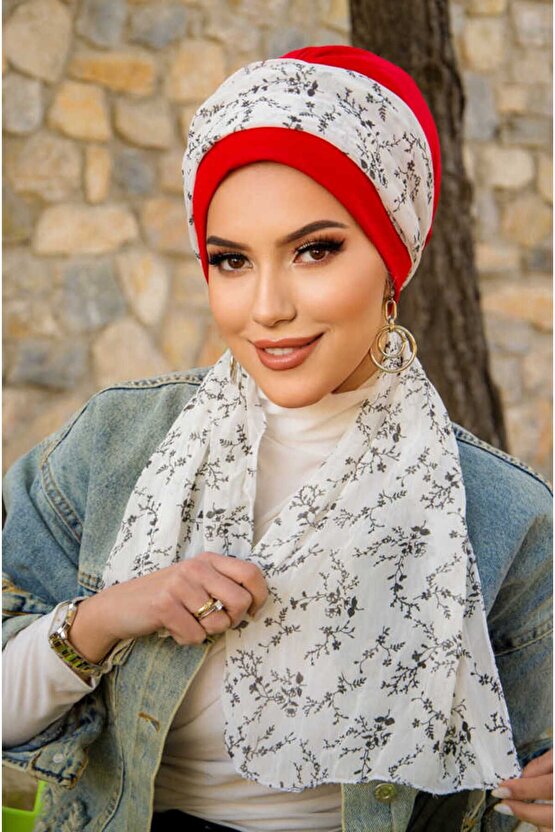 Kırmızı Beyaz Çiçek Desen Fularlı Bone