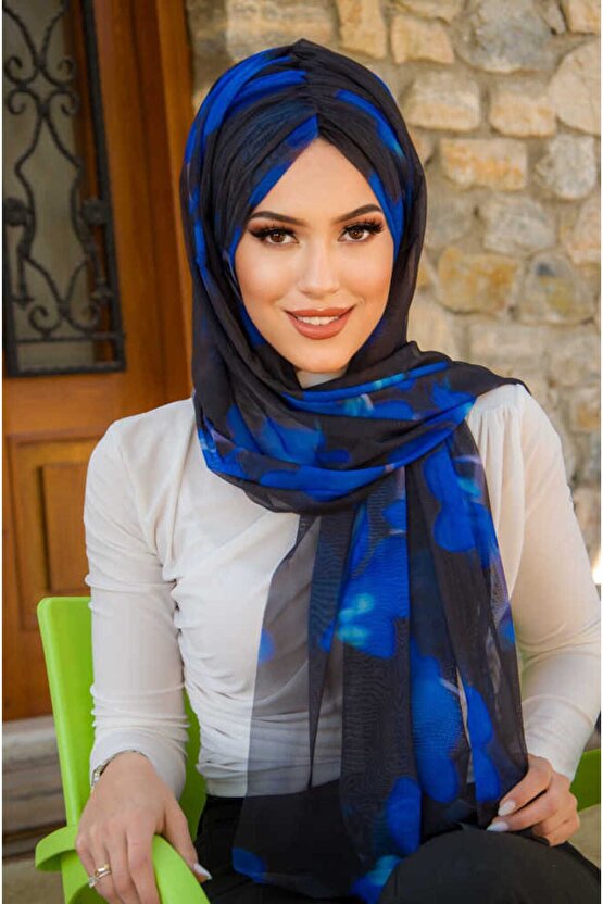Siyah Saks Mavi Batik Desen Hazır Şal