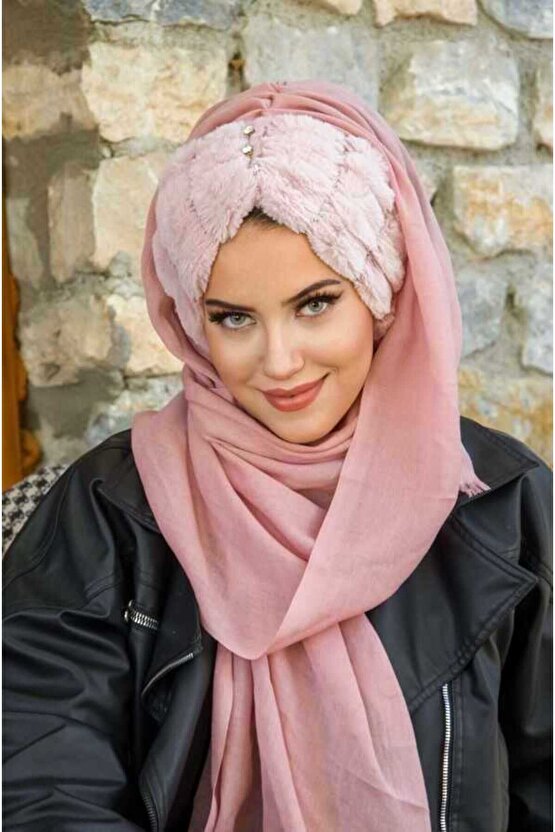Pudra Kürk İncili Kışlık Hazır Şal