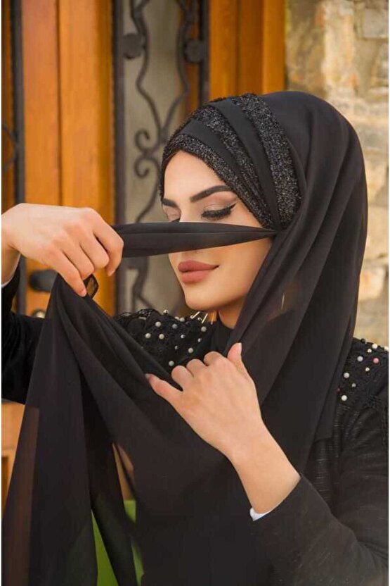Siyah Drapeli Hazır Abiye Şal - 50500