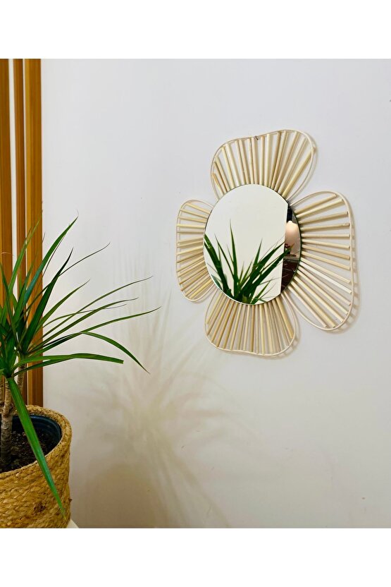 Bohem Doğal Rattan Bambu Çiçek Detaylı İskandinav Ayna