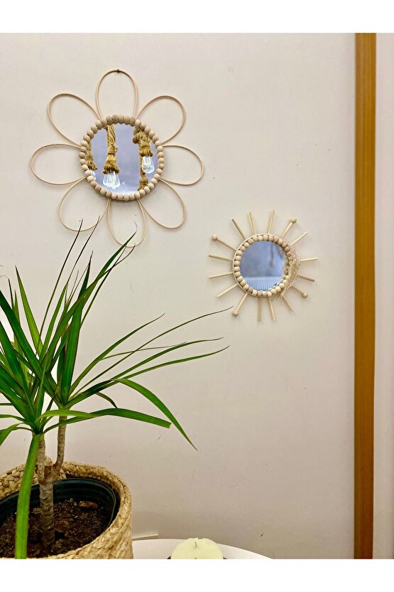 Bohem Doğal Rattan Bambu Çiçek detaylı Boncuklu İslandinav Ayna 2’li Set