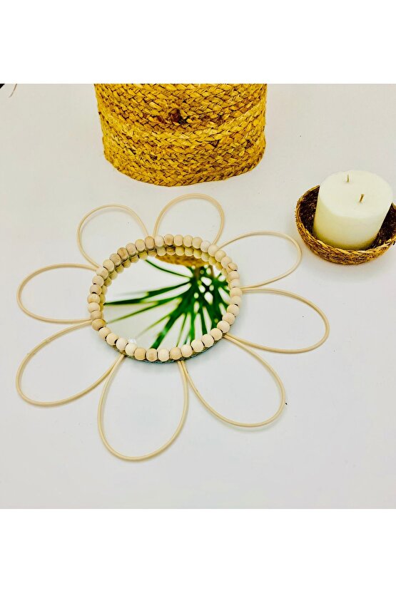 Bohem Doğal Rattan Bambu Çiçek detaylı Boncuklu İslandinav Ayna 2’li Set