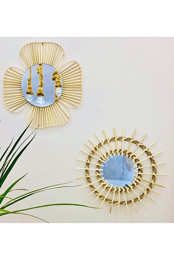 Doğal Rattan Bambu Çiçek detaylı Ayna 2’li Set