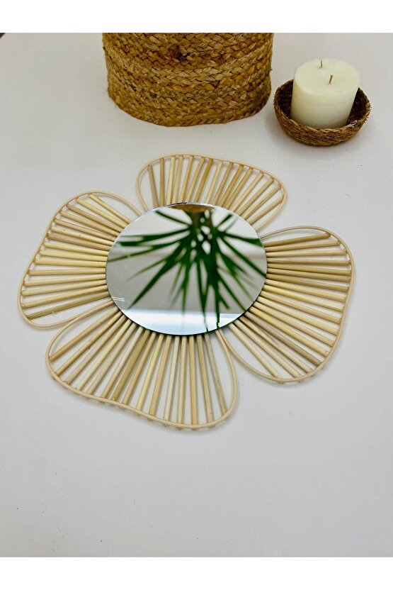 Doğal Rattan Bambu Çiçek detaylı Ayna 2’li Set