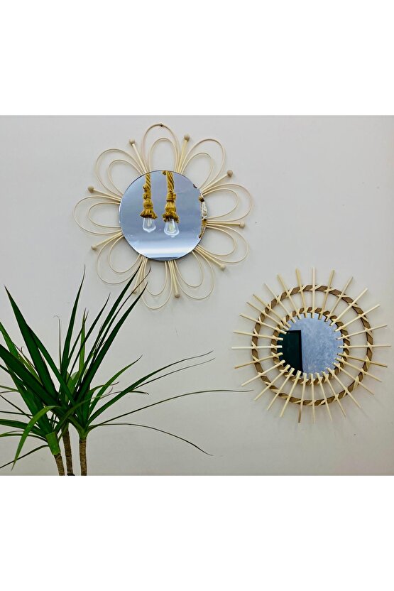 Doğal Rattan Bambu Çiçek detaylı Ayna 2’li Set
