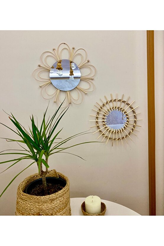 Doğal Rattan Bambu Çiçek detaylı Ayna 2’li Set