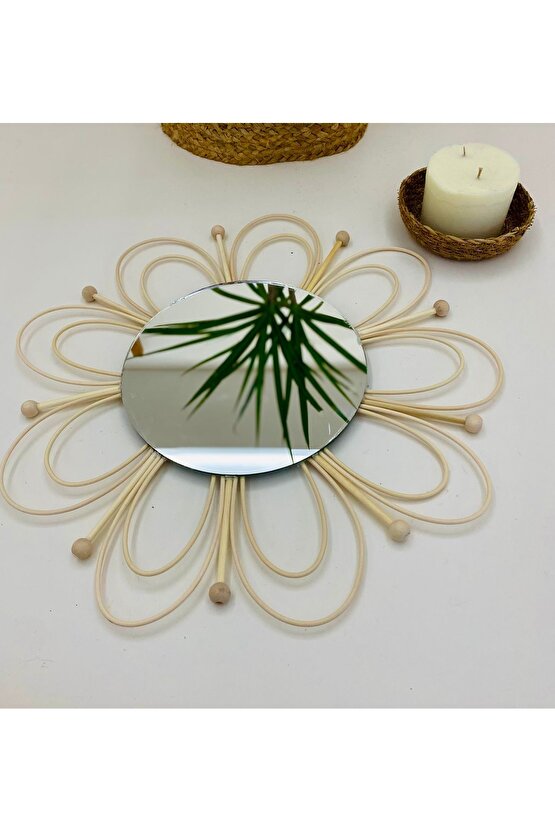 Doğal Rattan Bambu Çiçek detaylı Ayna 2’li Set