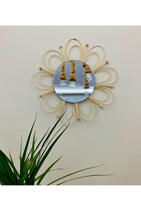 Doğal Rattan Bambu Çiçek detaylı Ayna 2’li Set