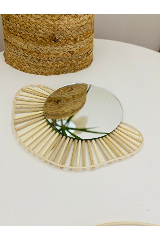 Doğal Rattan Bambu Çiçek detaylı Ayna 2’li Set Duvar Dekoru