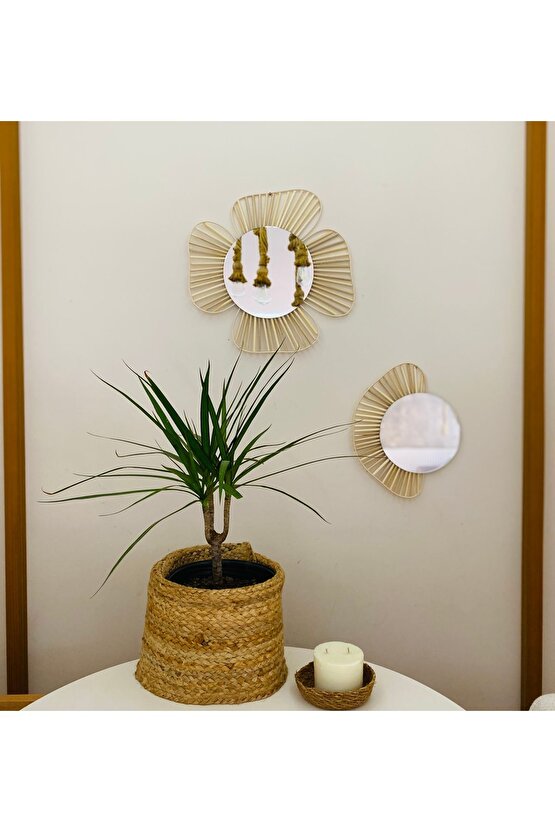 Doğal Rattan Bambu Çiçek detaylı Ayna 2’li Set Duvar Dekoru
