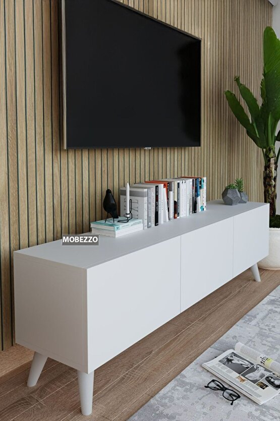 Modern Beyaz 3 Kapaklı Tv Ünitesi 140 Cm Geniş Depolama Alanı, Salon, Fonksiyonel Tv Sehpası