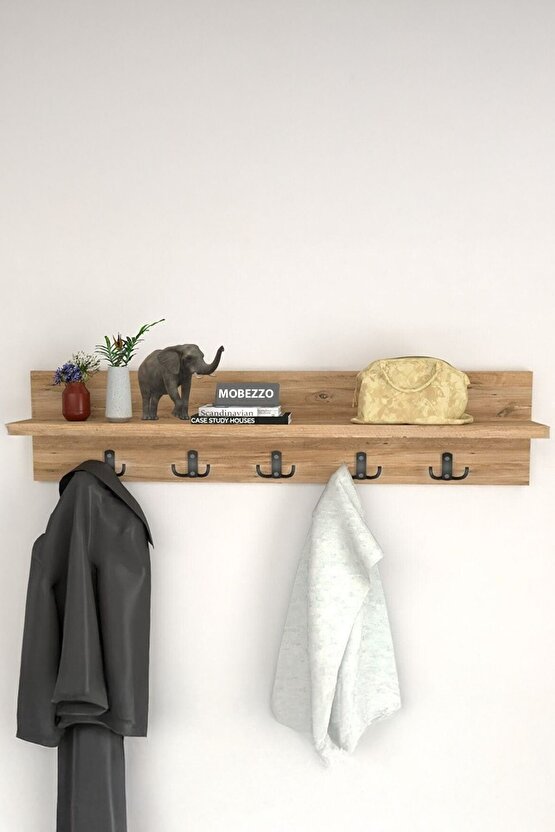 Ahşap Raflı Portmanto Duvar Askılığı Elbise Askılığı 70 Cm