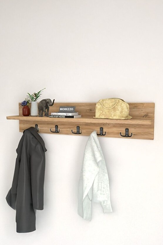 Ahşap Raflı Portmanto Duvar Askılığı Elbise Askılığı 70 Cm