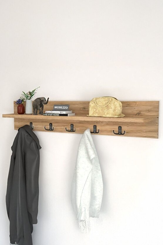 Ahşap Raflı Portmanto Duvar Askılığı Elbise Askılığı 70 Cm