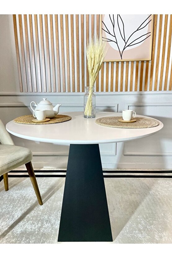 100 Cm Siyah Fitilli Yuvarlak Ahşap Yemek Masası - Fungi Mantar Masa - Balkon Kafe Masası
