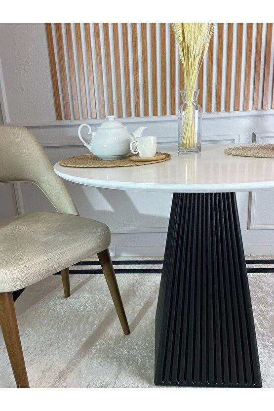 100 Cm Siyah Fitilli Yuvarlak Ahşap Yemek Masası - Fungi Mantar Masa - Balkon Kafe Masası