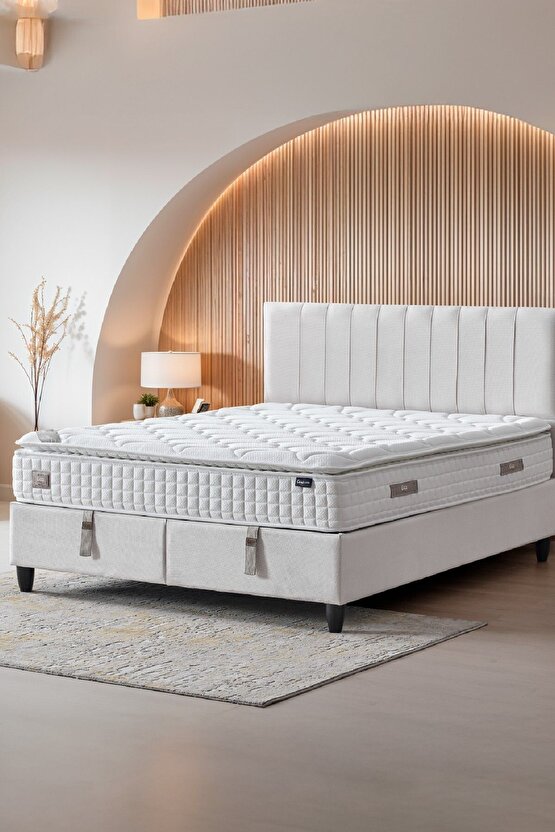 Zambak Modeli Full Ortopedik Çift Kişilik Pedli Yataklı Baza Ve Başlık Takımı 3 Lü Set