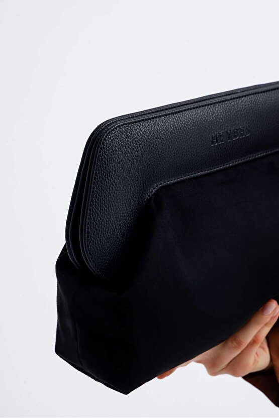 Kadın Siyah Deri Detaylı Süet Clutch El Çantası
