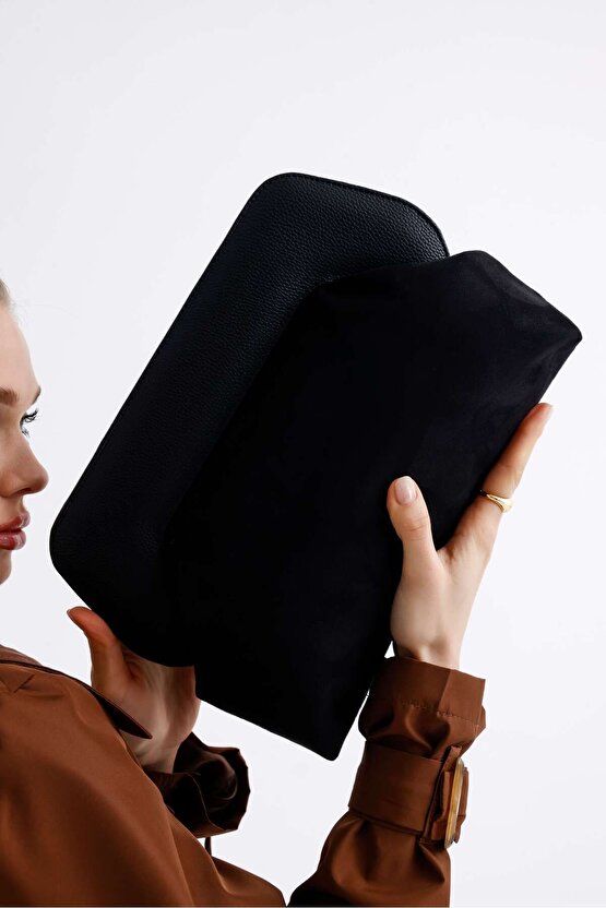 Kadın Siyah Deri Detaylı Süet Clutch El Çantası