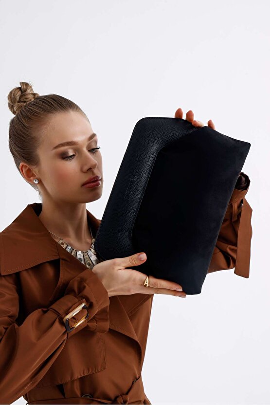 Kadın Siyah Deri Detaylı Süet Clutch El Çantası